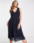 TFNC Bridesmaid chiffon v front midi dress with pleated skirt in navy