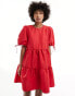 Monki short sleeve mini tiered dress with bow detail in red