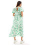 Wednesday's Girl bloom floral v-neck smock midi dress in green and white