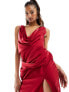 ASOS DESIGN satin cowl neck maxi dress with ruching detail in dark red