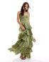 Pretty Lavish gold ring detail tiered maxi dress in moss green