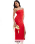 Vesper Petite one shoulder spaghetti strap thigh split midaxi dress in red