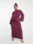 ASOS DESIGN Curve off shoulder satin maxi dress with drape detail in wine