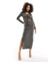 In The Style slinky tie front long sleeve top co-ord in dark grey