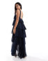 Vero Moda halterneck tiered maxi dress with corsage detail in navy blue