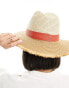 My Accessories adjustable frayed edge fedora hat with red trim in natural