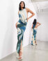 ASOS EDITION sleeveless drape detail maxi dress with plate trim in blue abstract print