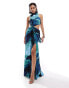 ASOS DESIGN racer neck maxi dress with twist waist detail in blue abstract print