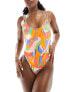 ASOS DESIGN lattice strap swimsuit with high leg in vibrant abstract print