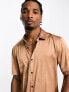 ASOS DESIGN skinny satin shirt with roll sleeve in bronze