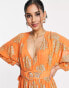 ASOS DESIGN Petite belted batwing maxi tea dress in orange metallic jacquard