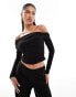 Kaiia soft rib bardot long sleeve top co-ord in black