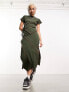 COLLUSION exposed seam wrap midi skirt in khaki