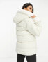 Threadbare Ski cinched waist hooded puffer coat with faux fur trims in ecru