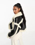 Aria Cove faux shearling contrast leather look cropped coat in black and cream