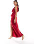 ASOS DESIGN satin cowl neck maxi dress with ruching detail in dark red