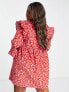 ASOS DESIGN Curve cord mini smock dress with ruffle shoulder in red abstract print