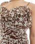 River Island asymmetric ruffle detail midi dress in brown animal print