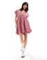 ASOS DESIGN v neck rolled up short sleeve with embroidery mini dress in pink