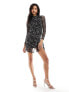 ASOS DESIGN high neck asymmetric wrap mini dress in mono swirl print