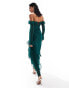 ASOS DESIGN corset bust bardot maxi dress with ruffle detail in dark green