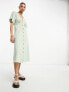 ASOS DESIGN broderie v neck midi dress with buttons in sage and cream contrast