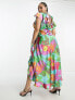 ASOS DESIGN Curve frill detail wrap maxi satin dress in large bold floral print