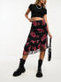 Wednesday's Girl bloom print asymmetric mesh skirt in black and red