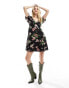 Wednesday's Girl devore puff sleeve mini dress in black floral