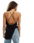 COLLUSION sheer asymmetric longline top with lace up back in black