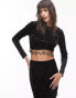 Topshop co-ord velvet long sleeve tassel top in black