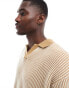 ASOS DESIGN knitted oversized notch neck polo in stone plated rib