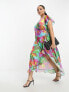 ASOS DESIGN Curve frill detail wrap maxi satin dress in large bold floral print