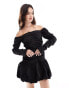 ASOS DESIGN off the shoulder mini ruched bodice dress with puffball skirt in black