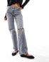 Stradivarius low waist straight leg jean with rips in washed grey