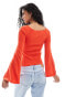 Pieces structured rib knit top with flared sleeve in red