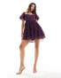 Love Triangle mini prom skater dress with tie back in 3D floral in plum