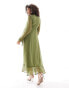 Vila Bridesmaid dobby wrap maxi dress with frill detail in olive green