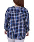 Plus Size Long Sleeve Roll Tab Sleeve Plaid Y-Neck Top