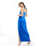 Flounce London satin strappy maxi dress with split in bright blue