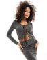 In The Style slinky tie front long sleeve top co-ord in dark grey