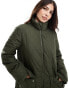 Pieces high neck quilted longline coat in khaki green