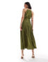 & Other Stories plisse midaxi dress with shirred detail in khaki green