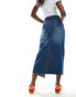 DTT ripped raw hem denim maxi skirt in dark blue