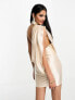 ASOS DESIGN one shoulder super draped asymmetric neck cowl back mini dress in stone