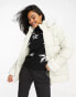 Threadbare Ski cinched waist hooded puffer coat with faux fur trims in ecru