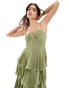 Pretty Lavish gold ring detail tiered maxi dress in moss green