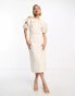 & Other Stories corseted stretch midi dress with ruffle and volume sleeves in soft white