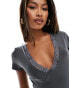 Fashionkilla slinky double layered plunge t-shirt with lace trim in slate grey