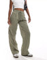 Bershka utility pocket tie waist wide leg trousers in khaki stripe